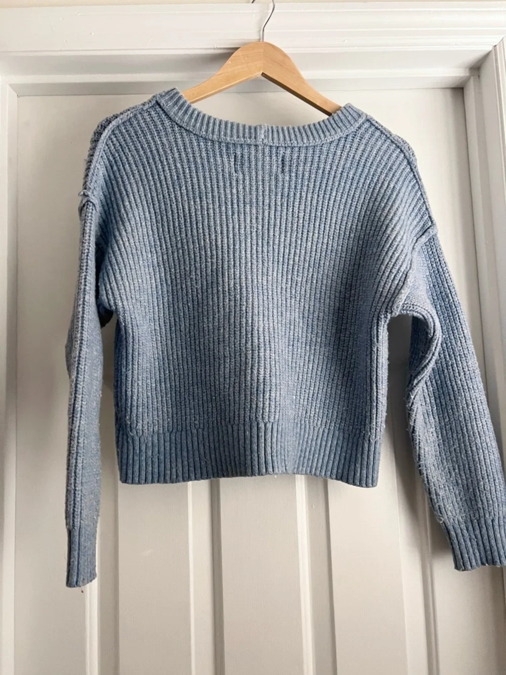 American Eagle Blue Cropped Sweater XS Chunky Knit Crewneck - Picture 3 of 8